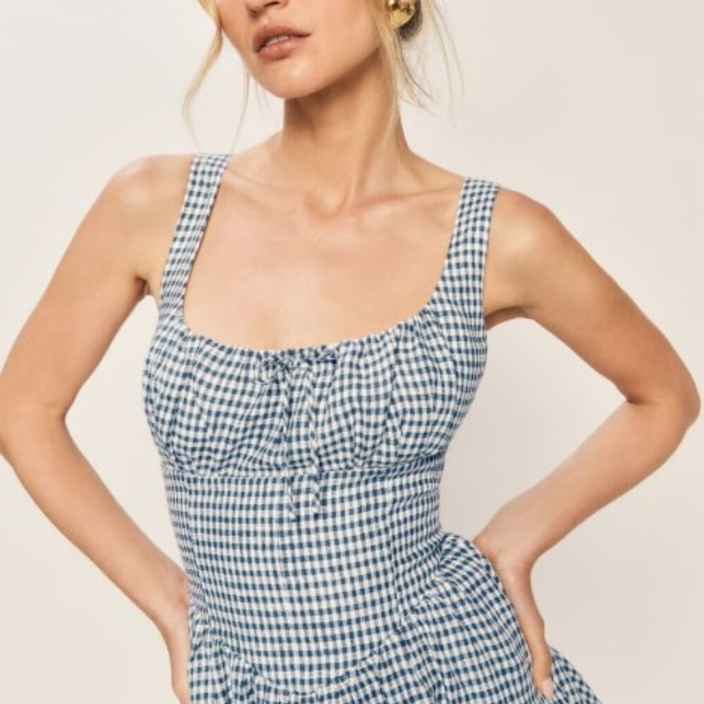 Reformation Balia Linen Dress - Slate Check - Picture 4 of 8